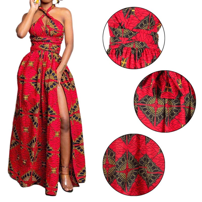 Vimoisa Women Sexy Boho African Dress Long Maxi Dress V-Neck Multi-Way Dress Pleated Dress Floral Print - Image 2